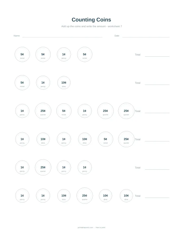 Worksheet with rows of circles containing different coin values and labels to add up.