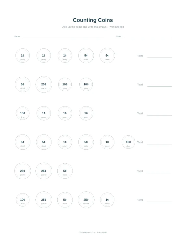 Worksheet with rows of circles containing coin values and labels for adding up the amounts.