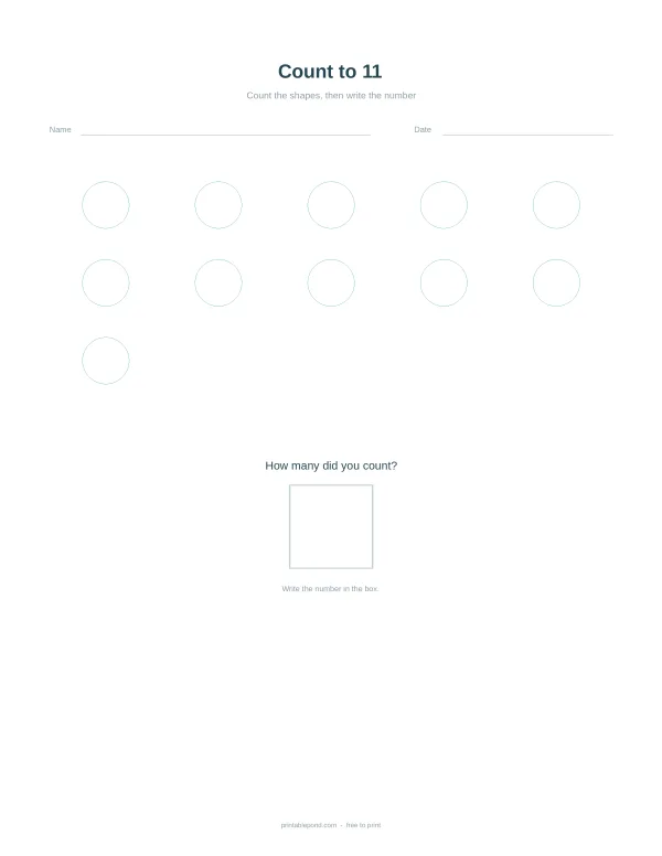 A worksheet titled Count to 11 with spaces for name and date, and rows of circles to count.