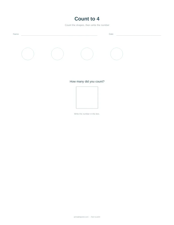 A worksheet for counting to four with spaces to write name and date and four circles to count.