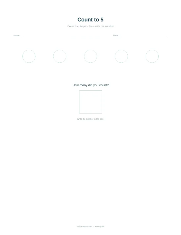 Worksheet with space for name and date, five circles to count, and a box to write the total.