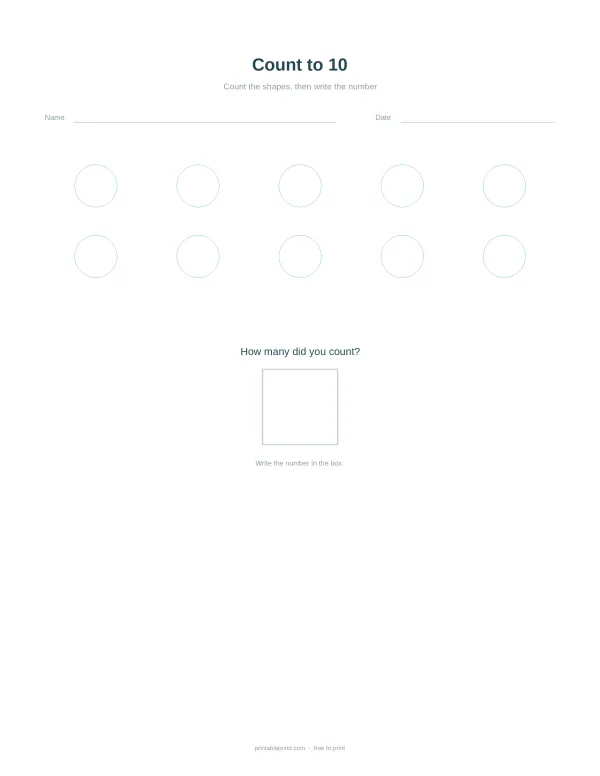 Counting worksheet with ten empty circles arranged in rows, and a box for writing the total number.
