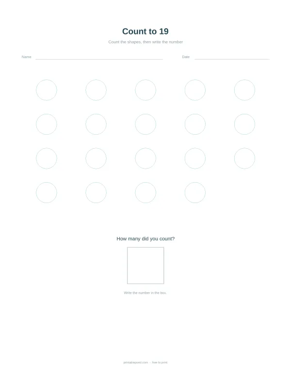 A worksheet with 19 circles arranged in rows and a box to write a number.