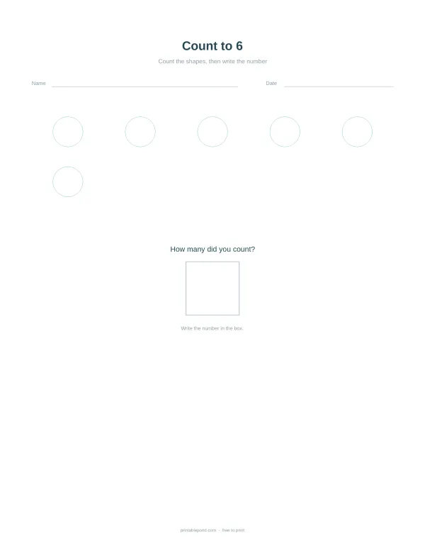 A worksheet with spaces for name and date, six circles to count, and a box to write the counted number.