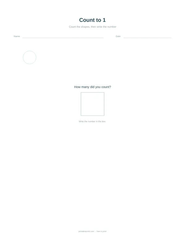 Worksheet with lines for name and date, a circle to count, and a box to write the number.