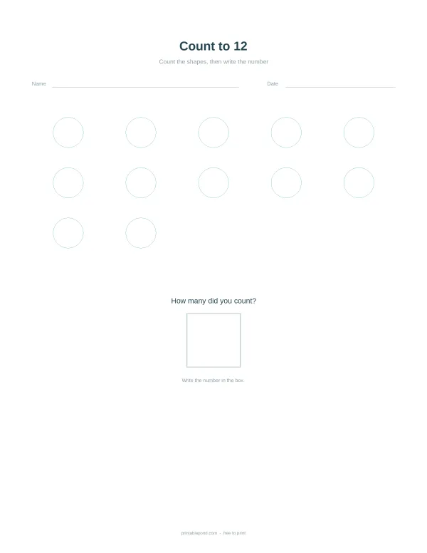 Worksheet with spaces for name and date, featuring twelve circles to count and a box to write the total.