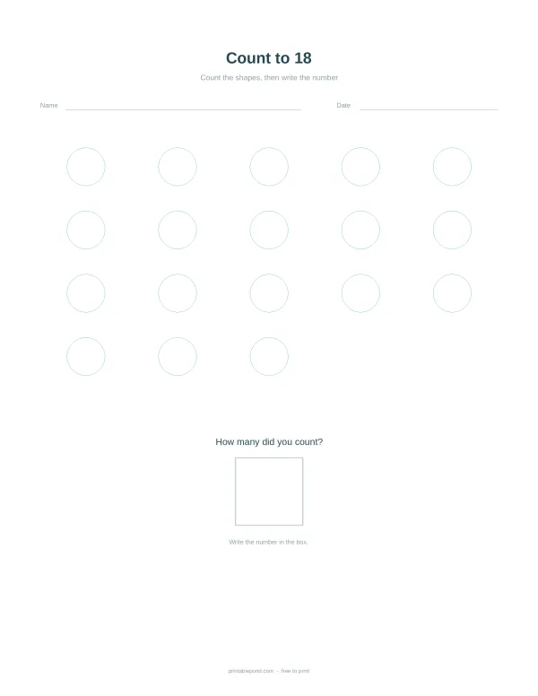 Worksheet with 18 circles arranged in rows for counting practice and a box to write the total number.