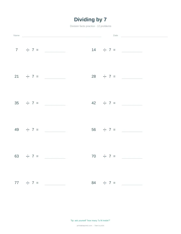 A math worksheet with the title 'Dividing by 7' and 12 division problems to solve.
