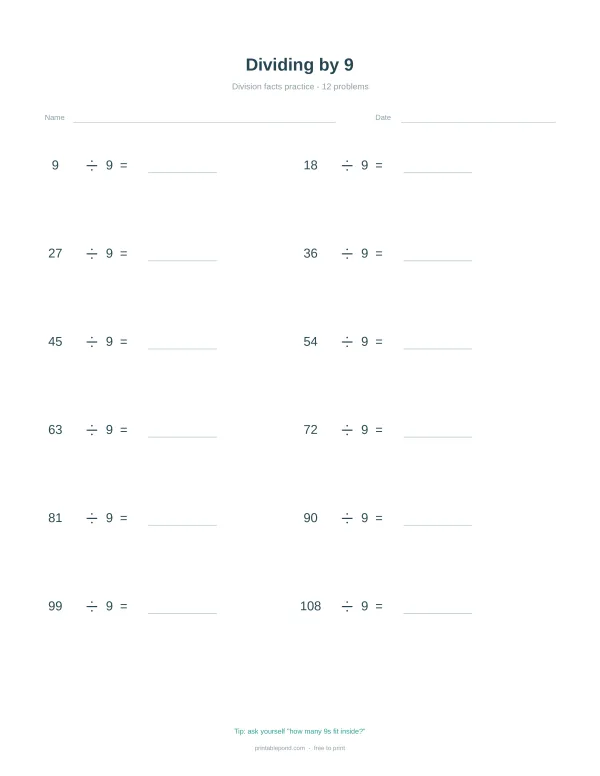 A worksheet with division problems, asking to divide numbers by 9.