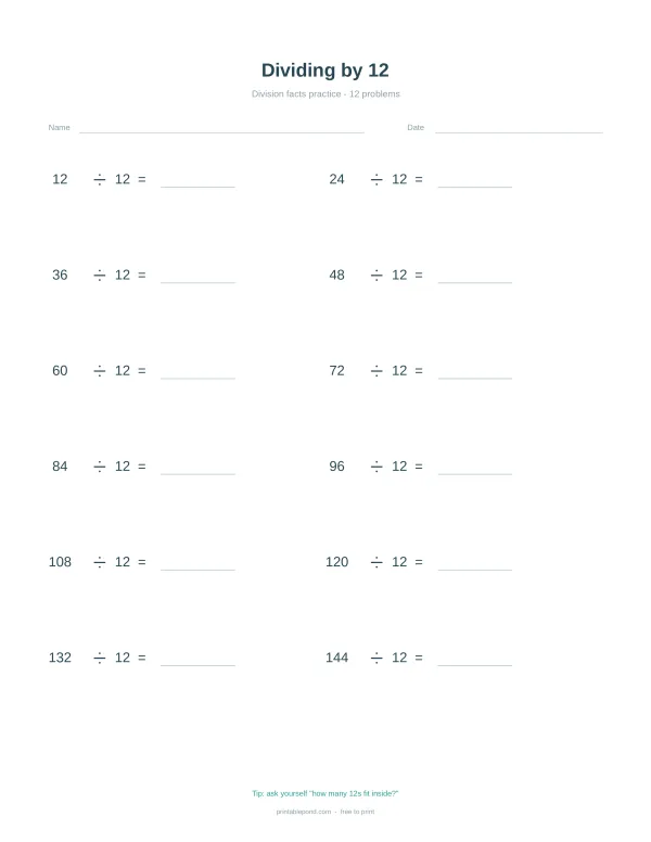 Worksheet with math problems for dividing by 12, with spaces for answers.