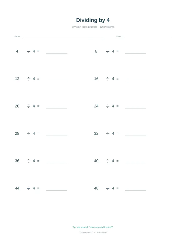 A worksheet with division problems divided by 4, with space for answers.