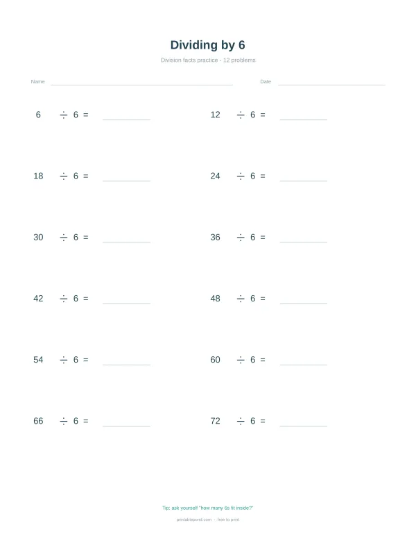 A worksheet with division problems, each showing a number divided by 6 and a blank space for the answer.