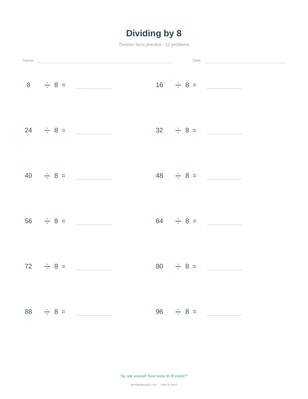 A worksheet with 'Dividing by 8' at the top, listing 12 division problems for practice.