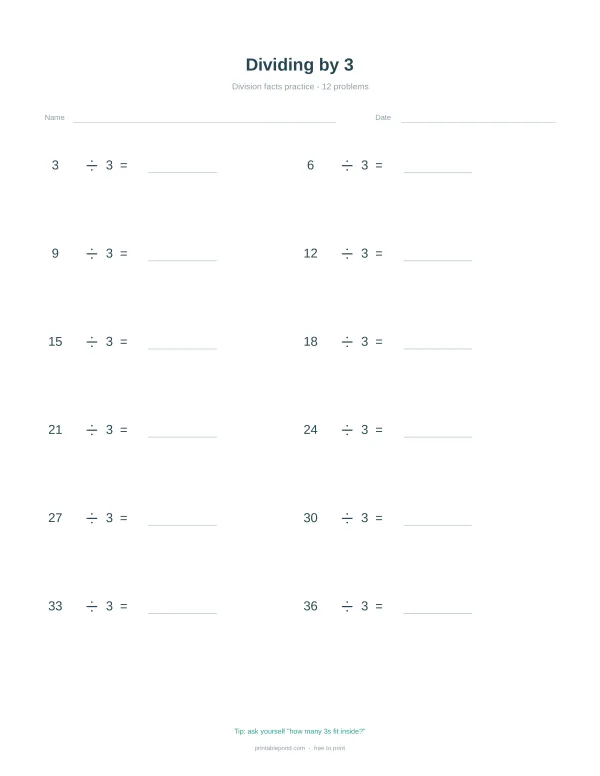 A math worksheet with 12 division problems, each divided by 3, with space for answers.