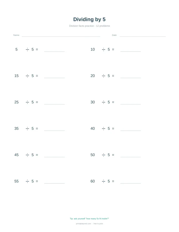 A math worksheet with problems dividing numbers by 5, with space for answers.