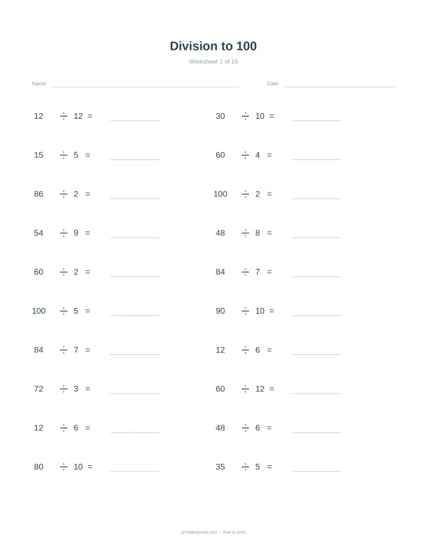 A math worksheet with division problems up to 100, for students to write their answers.