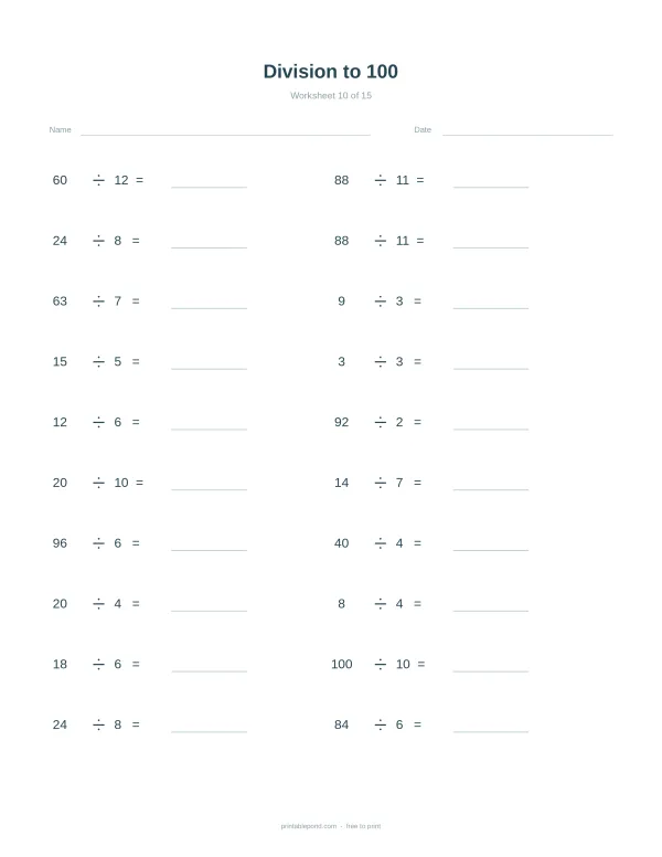 A math worksheet with division problems up to 100, including space for answers.