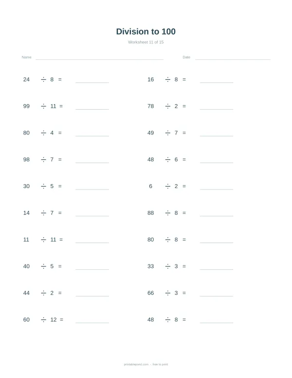 A math worksheet with division problems up to 100, with space for answers.