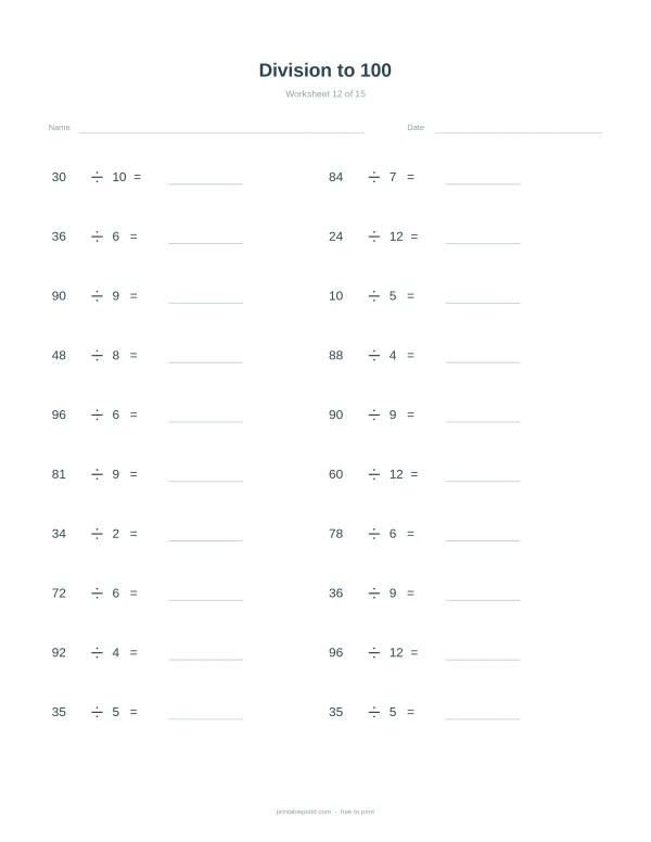 A math worksheet with division problems up to 100, with spaces for answers.