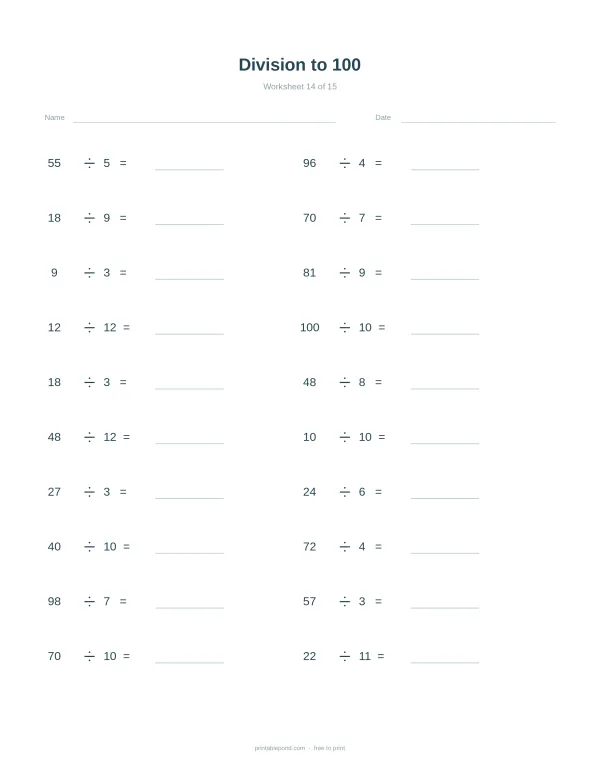 A math worksheet with division problems up to 100, including space for name and date.