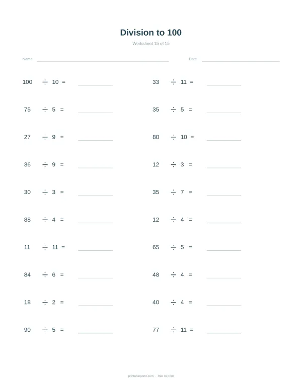 Division math problems with numbers up to 100 and blank spaces for answers.