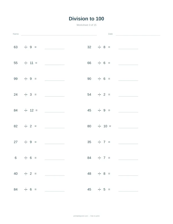 A math worksheet with division problems up to 100, labeled 'Division to 100 Worksheet 3 of 15'.