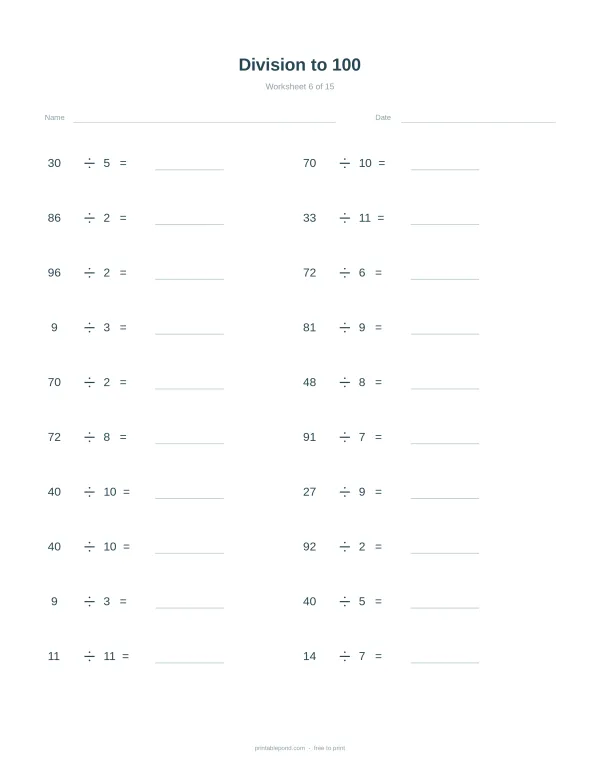 Division problems with numbers up to 100 and blank spaces for answers.