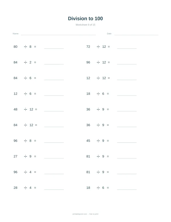 Division math problems with spaces for answers, titled Division to 100.