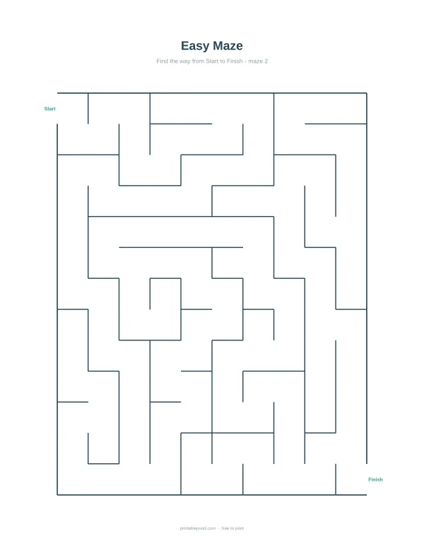 A simple maze with a start and finish point for children to solve, with clear green lines.