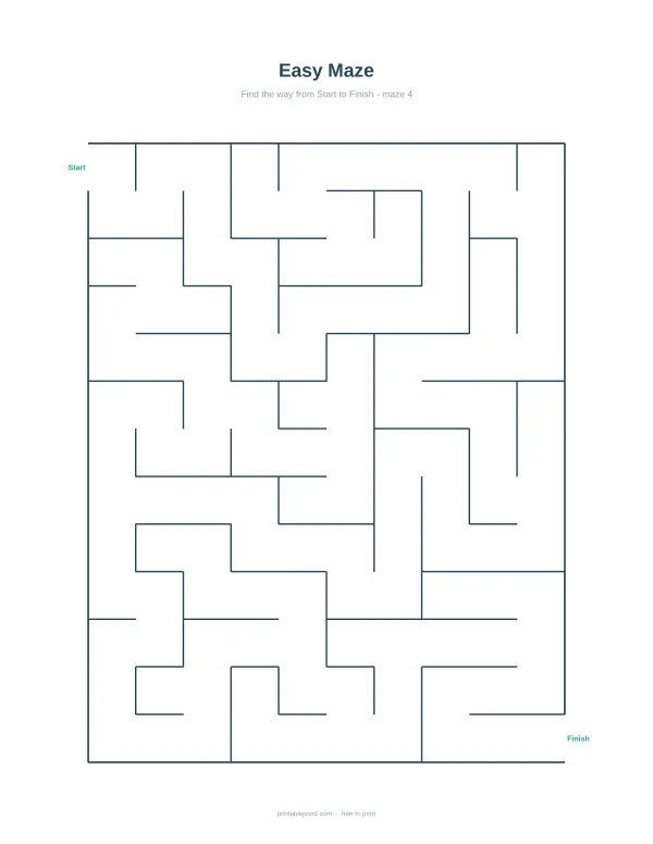 A simple maze with clear paths and a start and finish point, designed for children.