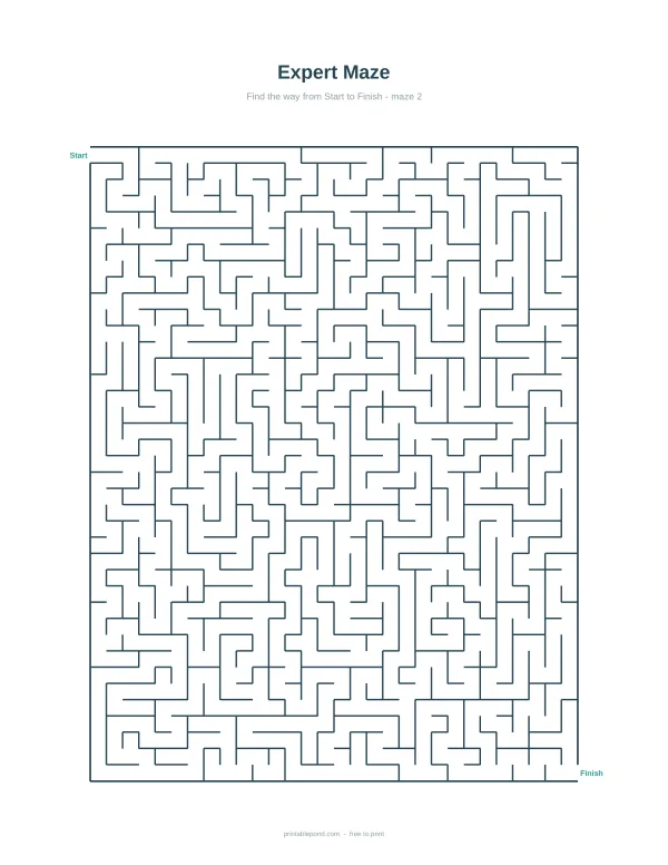 A complex maze with many twists and turns, labeled 'Start' and 'Finish'.