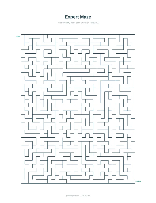 A complex maze with many paths, labeled Start and Finish, on a white background.