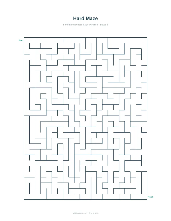 A complex maze with thin dark blue lines on a white background, labeled start and finish.