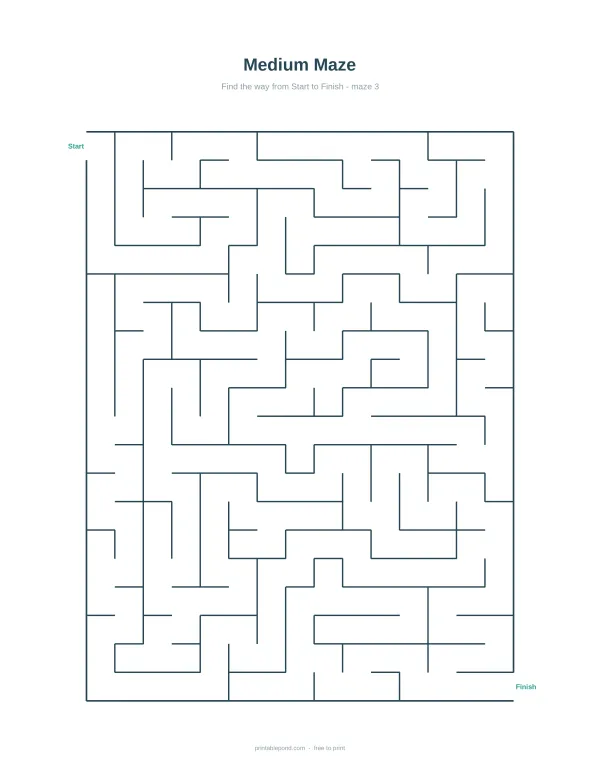 A medium difficulty maze with dark blue lines on a white background, labeled Start and Finish.