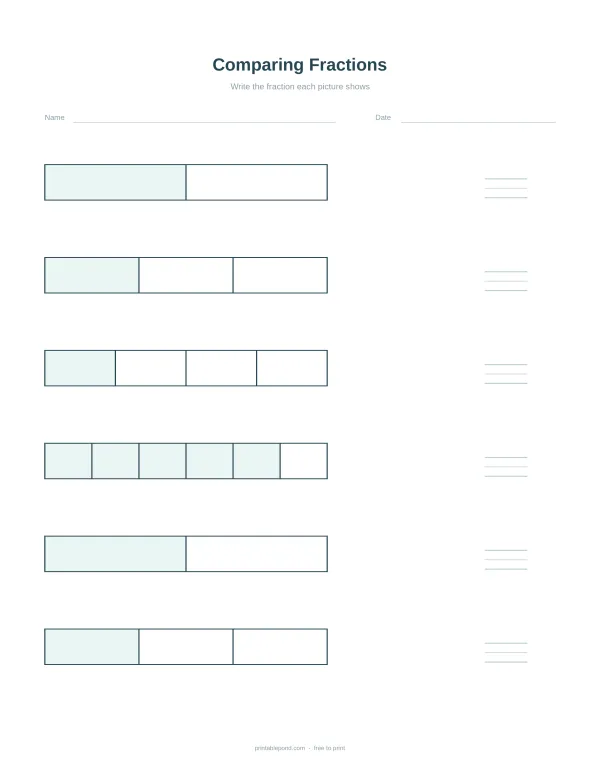 Worksheet with six rows of fraction bars, some shaded, for students to identify and write the fraction.