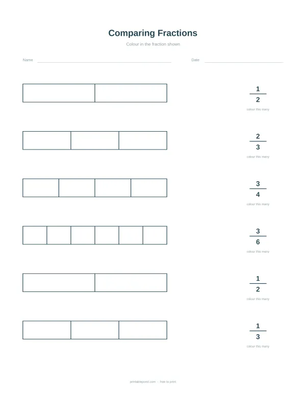 Worksheet showing bars to shade for comparing fractions, with fraction labels on the right side.