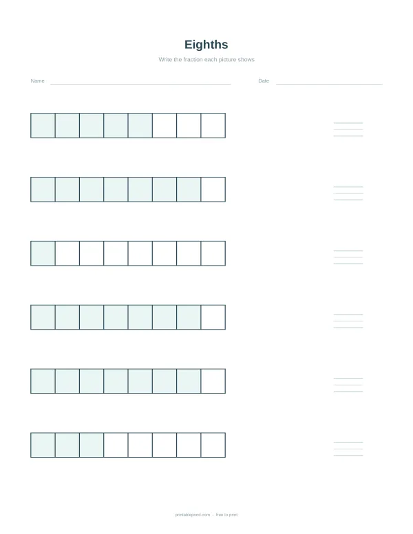 Fraction bars divided into eight equal sections, some shaded, with space to write the fraction shown.