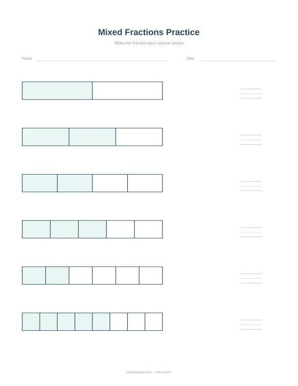 A math worksheet with six rows of shaded bars to represent fractions, with space for writing the fraction.