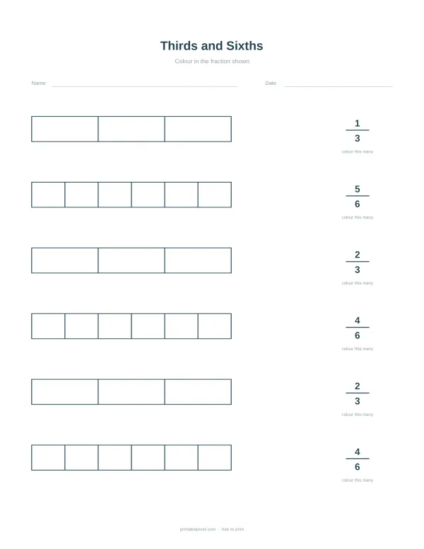 Worksheet with bars divided into thirds and sixths for students to shade fractions.