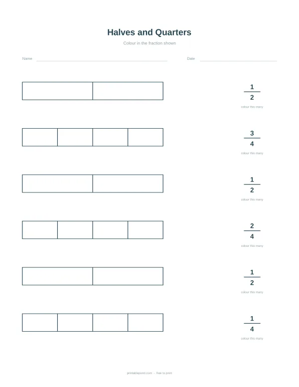 Worksheet with fraction bars to color, showing halves and quarters.