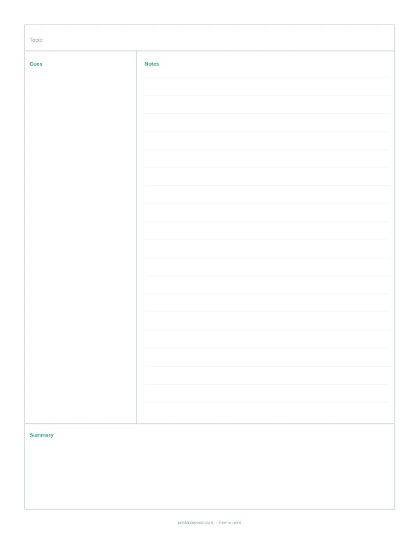Blank Cornell notes paper template with sections for topic, cues, notes, and summary.