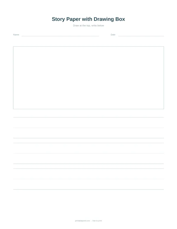 A blank story paper worksheet with a large box for drawing at the top and ruled lines below for writing.