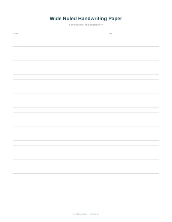 A page of wide ruled handwriting paper with lines for name and date at the top.