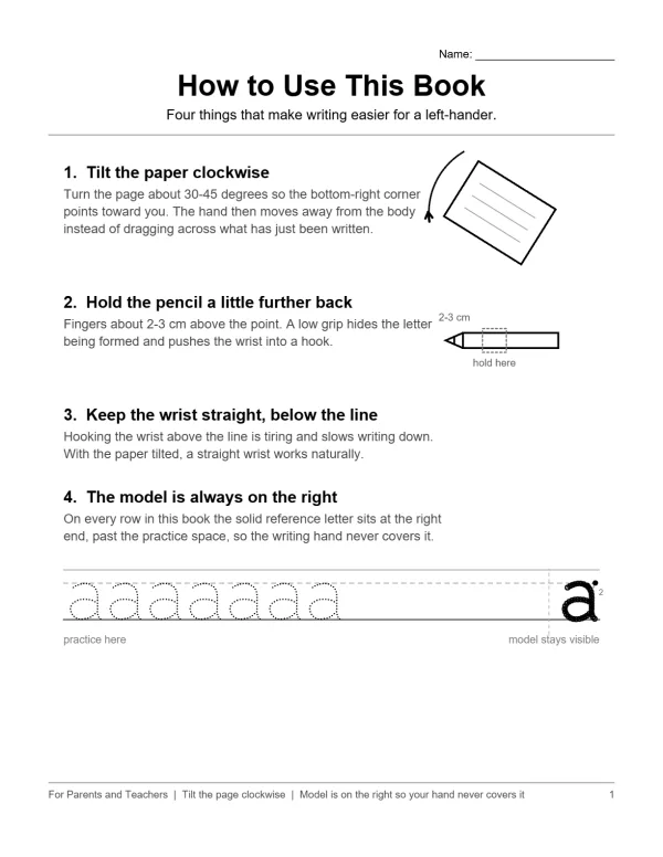 Worksheet titled 'How to Use This Book' with four tips for left-handed writing and a tracing practice line.
