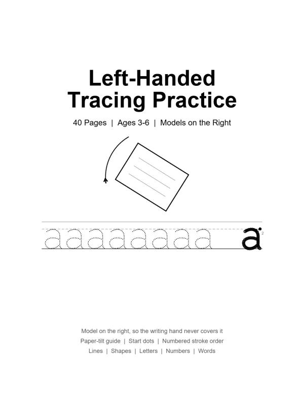 Cover page for a left-handed tracing practice worksheet showing the title and sample letter 'a'.