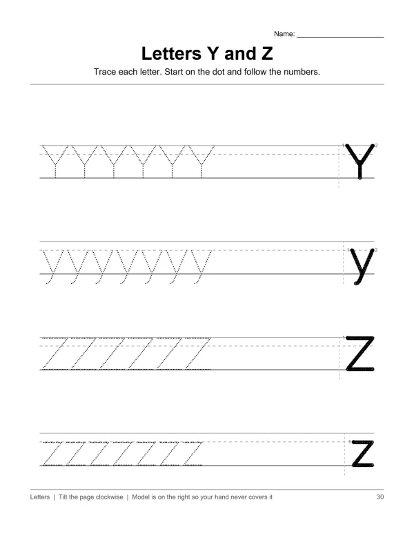 Tracing practice worksheet for uppercase and lowercase letters Y and Z, with dotted lines and numbered steps.