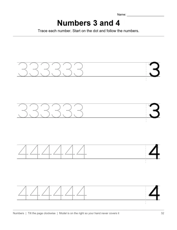 Tracing practice worksheet for the numbers 3 and 4 with dotted outlines and solid examples.
