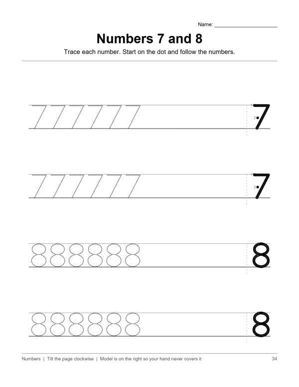 Tracing lines and rows of the numbers 7 and 8 on a worksheet for practice.