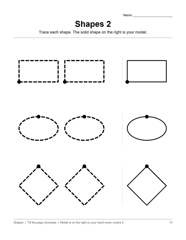 Tracing worksheet showing dashed rectangles, ovals, and diamonds with solid models.