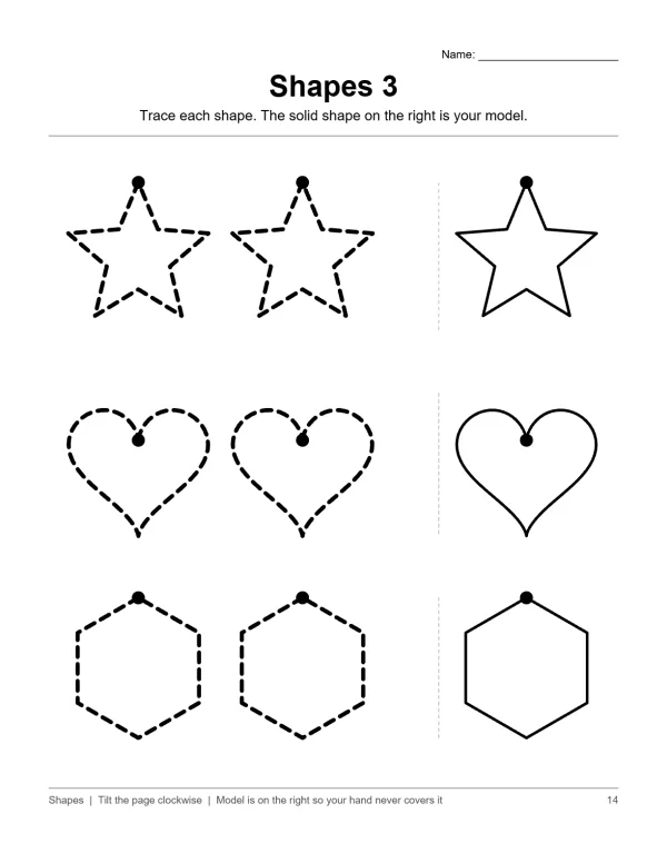 Worksheet with dashed outlines of stars, hearts, and hexagons for tracing practice.